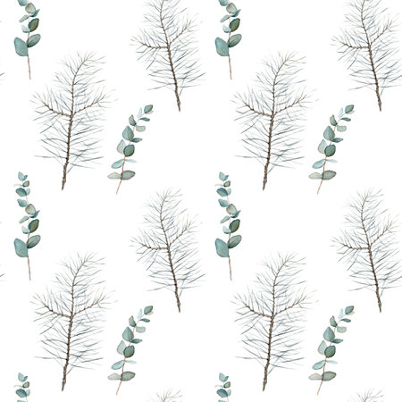 Pattern with pine branch and eucalyptus. Botanical natural forest theme. Watercolor isolated illustration on white background. Seamless pattern, an illustration for postcards, posters, textile design.の写真素材
