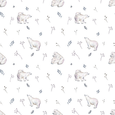 Cute seamless pattern with watercolor winter polar bear. Mother and her child. Constellation bears. Cute children pattern. Perfect for background paper or textiles.の写真素材