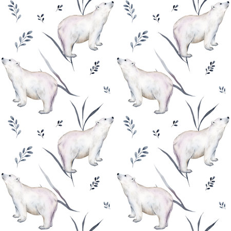 Cute seamless pattern with watercolor winter polar bear. Mother and her child. Constellation bears. Cute children pattern. Perfect for background paper or textiles.の写真素材