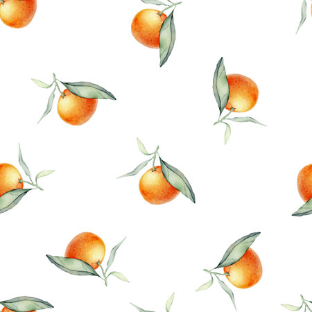 Seamless watercolour citrus fruits and leaves pattern. Green leaves and orange fruits on white background. Seamless mandarin and oranges watercolour illustrationの写真素材