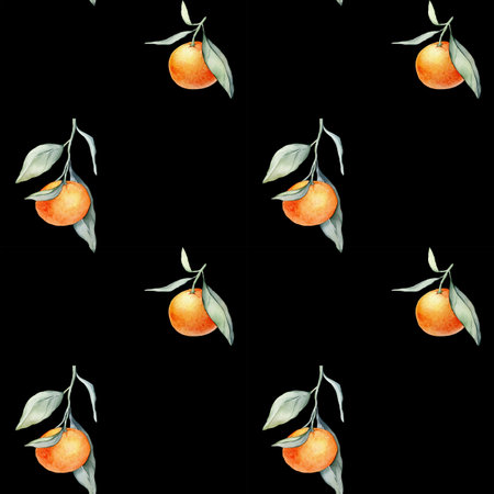 Seamless watercolour citrus fruits and leaves pattern. Green leaves and orange fruits on black background. Seamless mandarin and oranges watercolour illustrationの写真素材