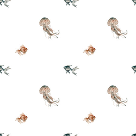 Seamless pattern with watercolor medusa and fish. Hand painted seashells pattern. Watercolor vintage...