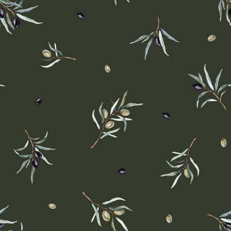 Watercolor seamless pattern with black and green olives and branch. Hand painted olives isolated on white background. Botanical illustration for design, print, fabric or backgroundの写真素材