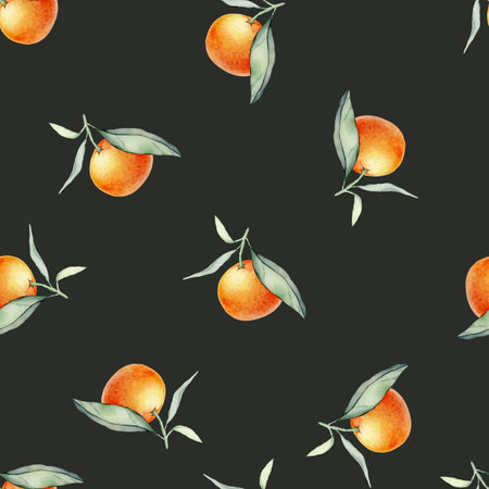 Seamless watercolour citrus fruits and leaves pattern. Green leaves and orange fruits on black...
