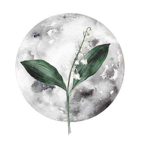 Mystical moon collection and bouquets of delicate spring lilies of the valley. Fairytale magic watercolor style objects. science set. All elements are isolated and editableの写真素材