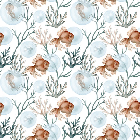 Seamless pattern with watercolor seaweed and coral, fish. Hand painted seashells pattern. Watercolor vintage ocean background. Original hand drawn illustration. Marine design.の写真素材