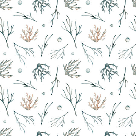 Seamless pattern with watercolor seaweed and coral. Hand painted seashells pattern. Watercolor vintage ocean background. Original hand drawn illustration. Marine design.の写真素材