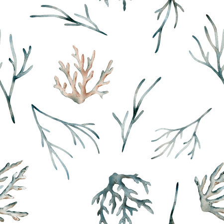 Seamless pattern with watercolor seaweed and coral. Hand painted seashells pattern. Watercolor vintage ocean background. Original hand drawn illustration. Marine design.の写真素材
