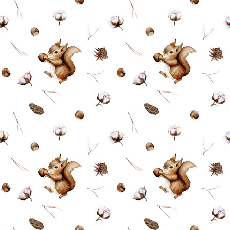 Cute seamless pattern with watercolor squirrel forest animals and hazelnut, cone, needles, cotton . Cute children pattern. Perfect for background paper or textiles.の写真素材