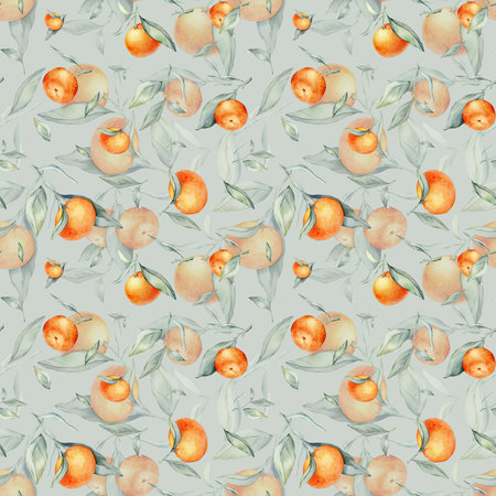 Seamless watercolour citrus fruits and leaves pattern. Green leaves and orange fruits on light green...