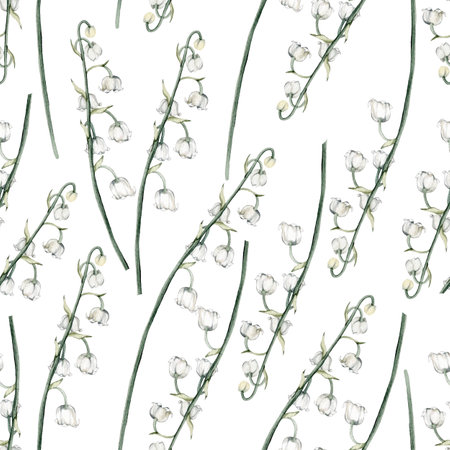Floral pattern spring lily of the valley. Watercolor seamless background flowers. Cute Print for textile design or wallpaper. Hand drawn texture with flowers, buds, leaves and stems.の写真素材
