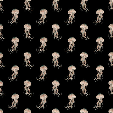 Seamless pattern with watercolor medusa. Hand painted seashells pattern. Watercolor vintage ocean...