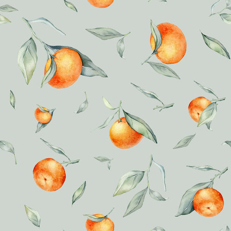 Seamless watercolour citrus fruits and leaves pattern. Green leaves and orange fruits on light green background. Seamless mandarin and oranges watercolour illustrationの写真素材