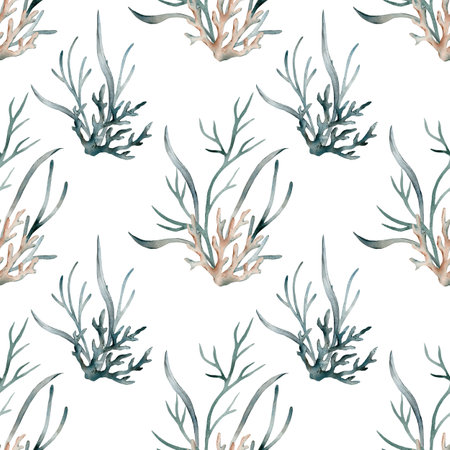 Seamless pattern with watercolor seaweed and coral. Hand painted seashells pattern. Watercolor vintage ocean background. Original hand drawn illustration. Marine design.の写真素材