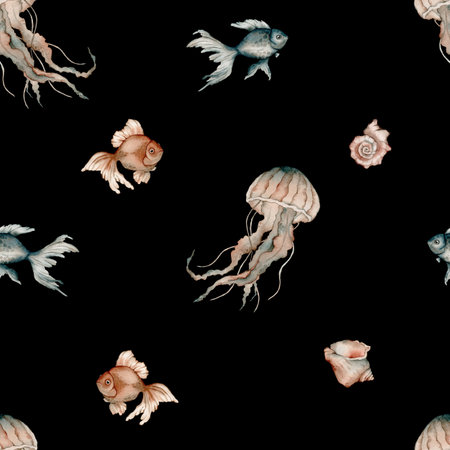 Seamless pattern with watercolor ocean shell, fish aquarium, jellyfish, medusa. Hand painted seashells pattern. Watercolor vintage ocean background. Original hand drawn illustration. Marine design.の写真素材