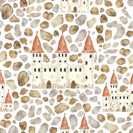 Medieval seamless pattern with castle. Fantasy ornament for print, fabric, paper, cover, web. Castle background, sand castle patterns, watercolor summer, summer backgroundの写真素材