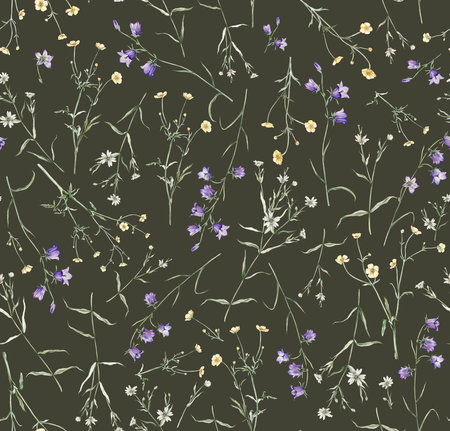 Watercolor floral seamless pattern in vintage rustic style, colored garden, hand painting print with meadow flowers, leaves and plants, design texture. Bluebell, buttercup, stellaria holostea.の写真素材