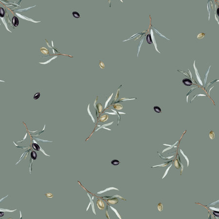 Watercolor seamless pattern with black and green olives and branch. Hand painted olives isolated on white background. Botanical illustration for design, print, fabric or backgroundの写真素材