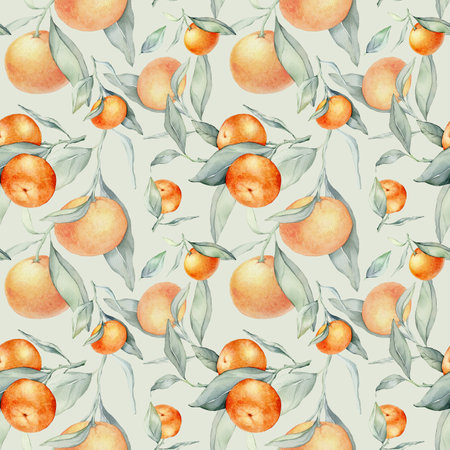 Seamless watercolour citrus fruits and leaves pattern. Green leaves and orange fruits on light green background. Seamless mandarin and oranges watercolour illustrationの写真素材