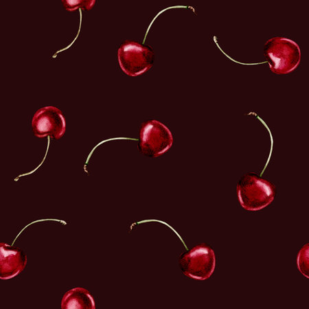 Watercolor illustration of a seamless pattern with a berry cherry with twigs on a dark background. Endless repeating print background. For fabric, textiles, clothing, prints, wallpaper, postersの写真素材