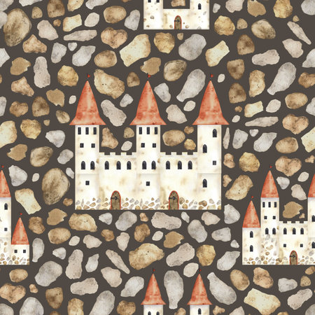 Medieval seamless pattern with castle. Fantasy ornament for print, fabric, paper, cover, web. Castle background, sand castle patterns, watercolor summer, summer backgroundの写真素材