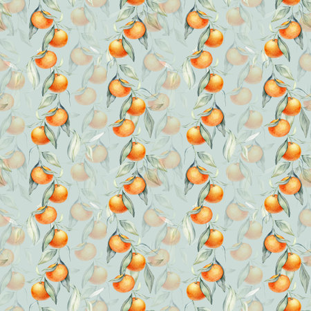 Seamless watercolour citrus fruits and leaves pattern. Green leaves and orange fruits on white background. Seamless mandarin and oranges watercolour illustrationの写真素材