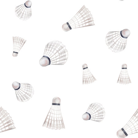Seamless pattern badminton shuttlecock watercolor illustration. Hand drawn and isolated on a black background. Athletic lifestyle, sport design, textileの写真素材