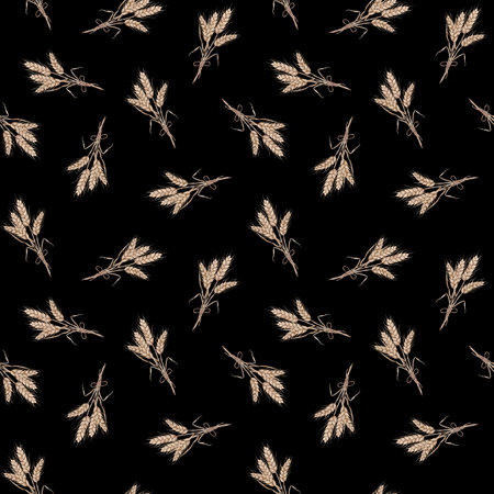 Seamless wheat spikelet pattern. Watercolor herbal background with wheat spica, oats spikelet illustration for textile, wallpapers, bakery decor. Autumn harvest, crops.の写真素材