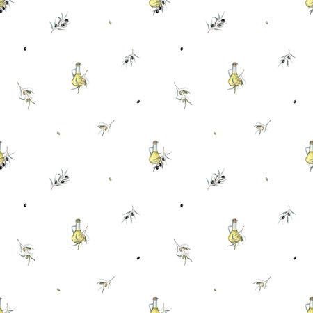 Seamless pattern with Olive oil in glass bottle. Hand drawn illustration isolated background. Natural fresh organic yellow vegetable oil in jar realistic watercolor image. Pure vegan seasoning.の写真素材
