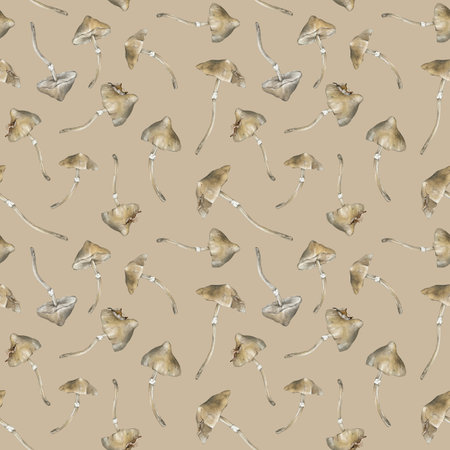 Watercolor seamless pattern with poisonous mushrooms. Withered dry leaves. Family of inedible dangerous mushrooms hand drawn illustration. Toadstool white toadstool. Decor for halloween in retro styleの写真素材