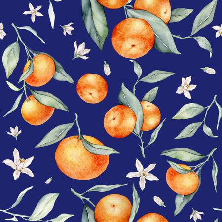 Seamless Pattern with Orange Fruit Branches, green leaves and white flower. Hand drawn watercolor...