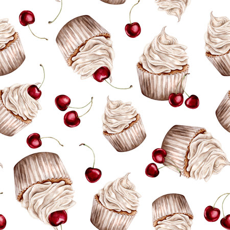 Seamless pattern watercolor sweets cupcake with cherry. Design holidays or wedding pastel colors. Watercolor hand drawing illustration on isolated white background for birthday or Valentines dayの写真素材