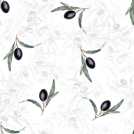 Watercolor seamless pattern with black and green olives and branch. Hand painted Floral wallpaper isolated background for fabric. Botanical illustration for product packaging design or background.の写真素材