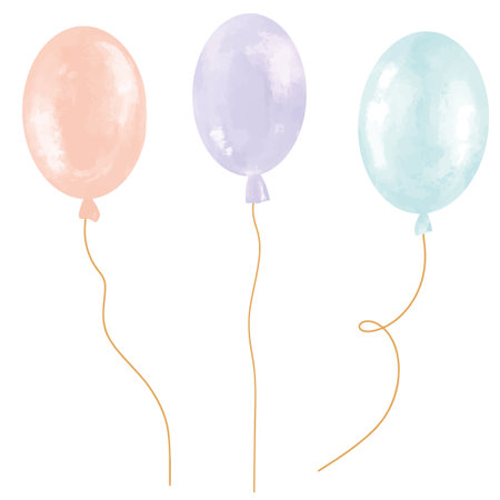 Happy Birthday watercolor set. Hand drawn collection balloon for baby shower in cute soft pastel peach, violet and green colors on isolated white background. Illustration with for partyのイラスト素材