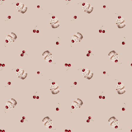 Seamless pattern watercolor sweets cupcake with cherry. Design holidays or wedding pastel colors. Watercolor hand drawing illustration on isolated white background for birthday or Valentines dayの写真素材