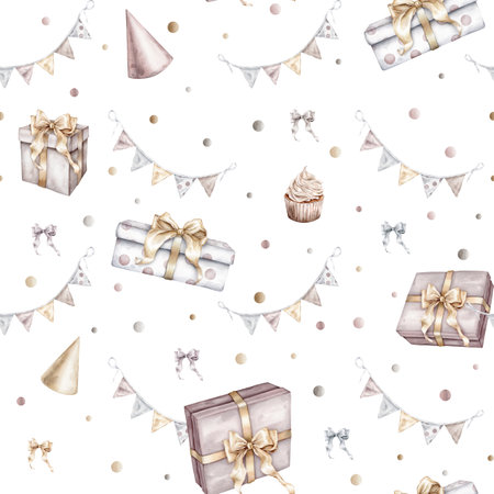 Seamless pattern Happy Birthday Watercolor. Hand drawn collection with gift boxes, garlands and cake for baby shower in cute pastel colors on isolated background. Illustration with presents for partyの写真素材