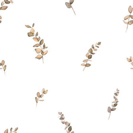Seamless pattern with beige eucalyptus leaves. Botanical natural. Watercolor isolated illustration on white background. Floral Illustration for postcards, posters, textile design. hand drawn paintingの写真素材