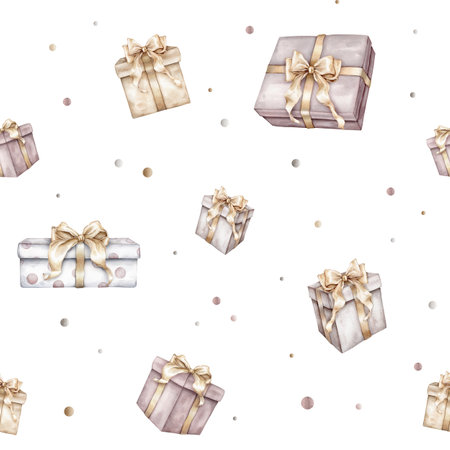 Seamless pattern Happy Birthday Watercolor. Hand drawn collection with gift boxesfor baby shower in cute pastel colors on isolated background. Minimal Illustration with presents for partyの写真素材