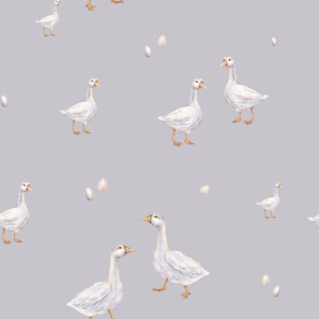 Watercolor seamless pattern with goose and quail eggs. Repiat pattern pastel color. Tender watercolor hand drawn illustration on a isolated on background. Domestic cute farm bird. For Easter design.の写真素材
