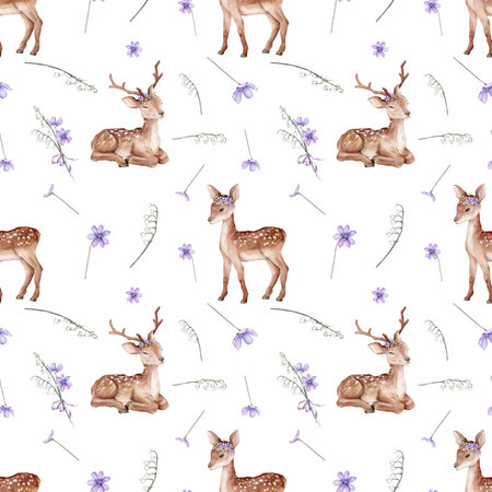 Watercolor seamless pattern deer and first spring flowers. Flowers violet coppice and lily of the violet valley green branches. Spotted deer isolated on background. Hand painted illustration animal.の写真素材