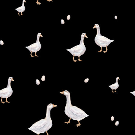 Watercolor seamless pattern with goose and quail eggs. Repiat pattern pastel color. Tender watercolor hand drawn illustration on a isolated on background. Domestic cute farm bird. For Easter design.の写真素材