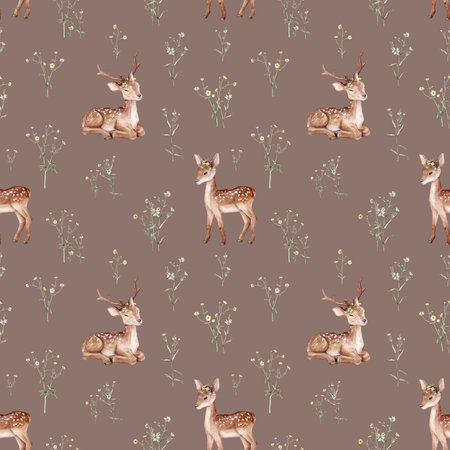 Watercolor seamless pattern baby deer and meadow flowers. Spotted deer isolated on white background. Hand painted wild animal template for fabric. Animal for design print or background. floral brancheの写真素材