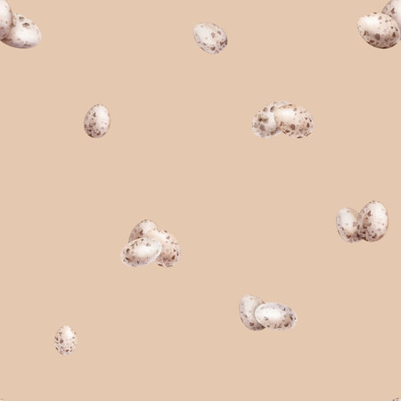 Watercolor seamless pattern with Easter quail eggs. Pastel color eggs hand drawing watercolor illustrations in minimalist style. Repeat pattern isolated on background for Easter designsの写真素材