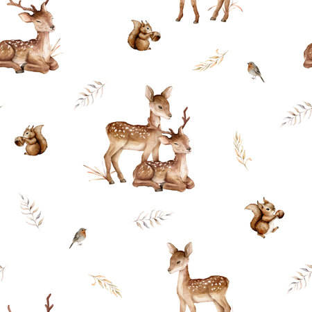 Watercolor seamless pattern with deer and squirrel forest animals and hazelnut. Cute childrens repeat wallpaper muted colored. Flowers and leaves isolated on background. Hand painted illustrationの写真素材