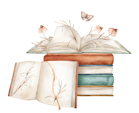 Open book with plants and butterfly watercolor illustration isolated on white background. Stack of books brown green colors with a fabulous story and flower echinacea. Vintage old textbook hand drawn.の写真素材