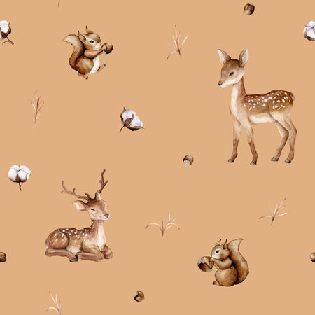 Watercolor seamless pattern with deer and squirrel forest animals and hazelnut. Cute childrens repeat wallpaper muted colored. Flowers and leaves isolated on background. Hand painted illustrationの写真素材