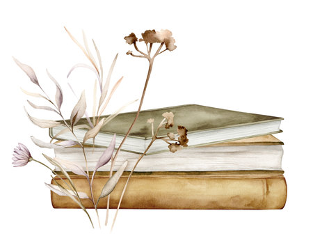 Watercolor illustration plants and stacks of books for reading, pile of textbooks for education. Set of literature, dictionaries, encyclopedias. Brown olive color illustration isolated on backgroundの写真素材