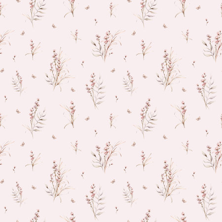 Watercolor seamless pattern floral delicate pastel vintage green violet pink brown bouquet. Hand drawn illustration isolated on white background. Flower and herb summer composition for textile.の写真素材