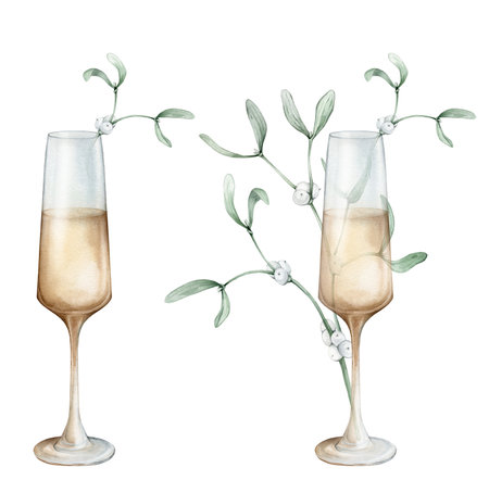 Watercolor illustration with glasses of white wine or champagne with Christmas white mistletoe branch. Wine glass illustration on isolated background. Hand drawn New Year alcohol beverage element.の写真素材
