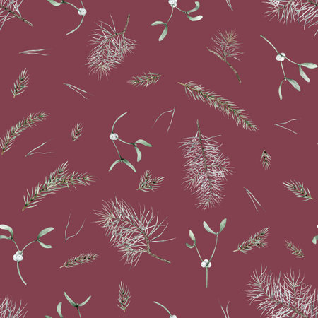 Watercolor Christmas seamless pattern with pine and fir branches and traditional white mistletoe. Hand painted pine needles illustration on dark red background. Repeat New years white berry branch.の写真素材